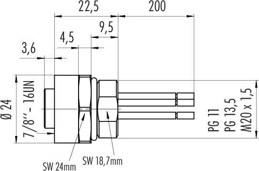 Technický výkres mechanickej súčiastky s rozmermi: celková dĺžka 200 mm, priemer 24 mm, veľkosti závitov PG 11, PG 13.5, M20 x 1.5.