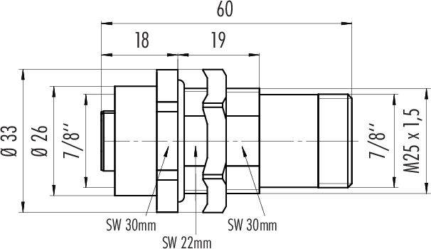 Technický výkres valcového komponentu s rozmermi a závitom: dĺžka 60 mm, priemer 33 mm, závit M25 x 1,5.