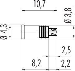 Technický výkres valcového konektora. Rozmery: dĺžka 10,7 mm, priemer 4,3 mm a 3,8 mm. Obsahuje dva kolíky.