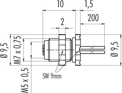 Technický výkres zástrčky s rozmermi: dĺžka 200 mm, priemer 9,5 mm, závit M7 x 0,75, šírka kľúča 9 mm.