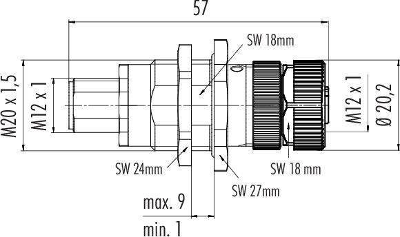 Technický výkres konektora s rozmermi. Hlavné rozmery: dĺžka 57 mm, priemer 20,2 mm, vyznačené rôzne veľkosti závitov.