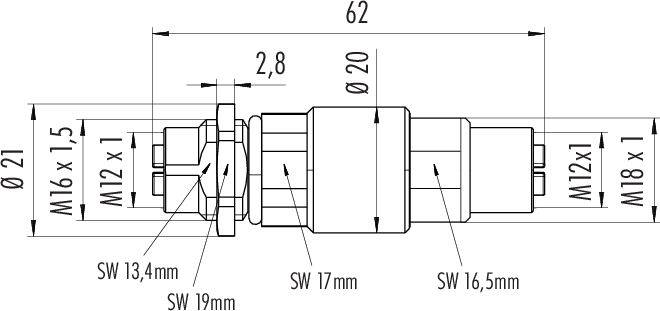 Technický výkres valcovitej súčiastky s rozmermi a údajmi o závite: M16 x 1, M12 x 1, M18 x 1, dĺžka 62 mm.