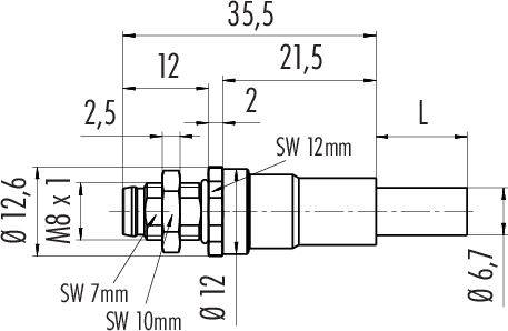 Technický výkres spojovacej skrutky s rozmermi. Priemery a dĺžky komponentov sú vyznačené vrátane veľkostí kľúčov.