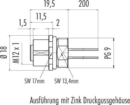 Technický výkres konektora s krytom z tlakovo liatého zinku. Rozmery: priemer 18 mm, M12 x 1,5, kľúč 17 mm a 13,4 mm, celková dĺžka 200 mm.