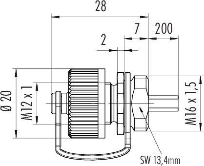 Technický výkres valcovitej súčiastky s rozmermi: priemer 20 mm, dĺžka 28 mm, závit M12x1 a M16x1,5, šírka kľúča 13,4 mm.