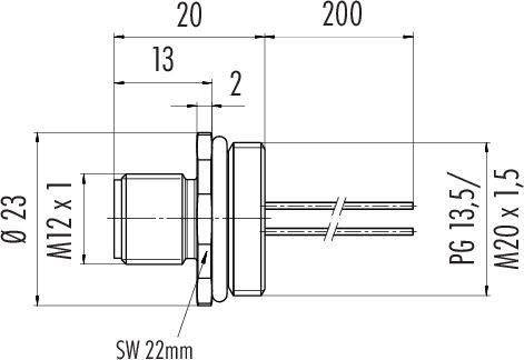 Technický výkres valcového komponentu so závitmi M12 x 1, PG 13,5/M20 x 1,5. Rozmery: Ø23, dĺžka 200 mm, veľkosť kľúča 22 mm.