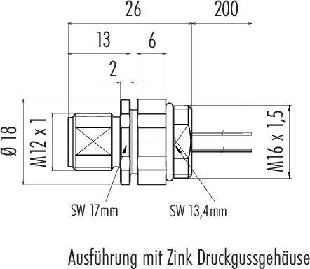 Technický výkres spojovacej súčiastky s M12 a M16 závitmi, údajmi o priemere, dĺžkach a popismi pre tlakovo liate zinkové puzdro.