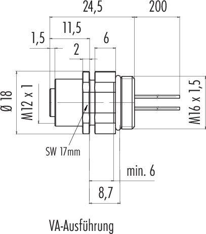 Technický výkres valcového konektora s rozmermi: priemer 18 mm, dĺžka 200 mm, závit M12 x 1 a M16 x 1,5.