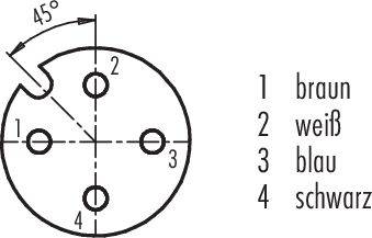 'Elektrická schéma: Obvodový diagram so štyrmi očíslovanými zástrčkovými prípojkami (1 až 4) a uhlom 45 stupňov. Označenie: 1 hnedá, 2 biela, 3 modrá, 4 čierna.'