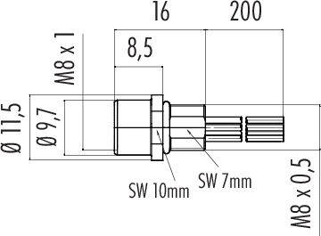 Technický výkres valcovitej kovovej súčasti s rozmermi: dĺžka 200 mm, vonkajší priemer 11,5 mm, závit M8 x 1.
