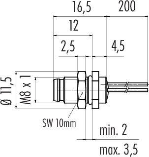 Technický výkres konektora s rozmermi: priemer 11,5 mm, dĺžka 200 mm, závit M8x1, minimálna dĺžka 2 mm, maximálna dĺžka 3,5 mm.