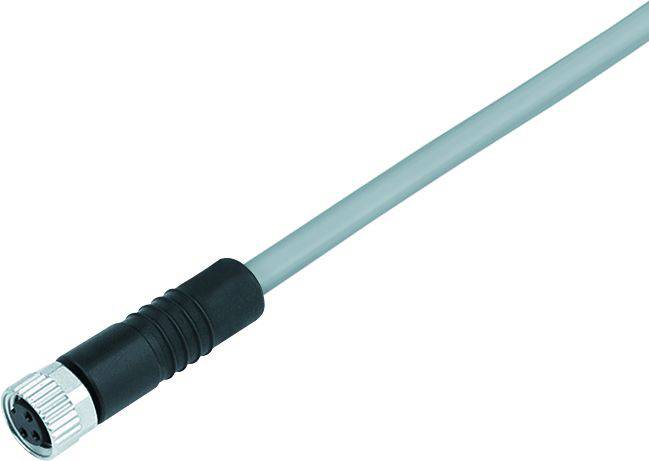 Sivý kábel s čiernou zástrčkou a strieborným skrutkovým adaptérom na konci. Vhodný pre elektronické pripojenia.