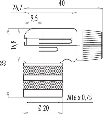 Technický výkres konektora s rozmermi. Bočný pohľad zobrazuje detaily ako dĺžka 40 mm, šírka 26,7 mm a závit M16 x 0,75.