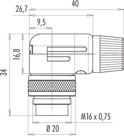 Technický výkres konektora s rozmermi: dĺžka 40 mm, výška 34 mm. Závit M16 x 0,75, priemer 20 mm.