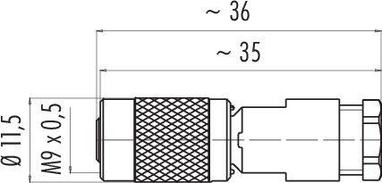 Technický výkres valcového konektora s rozmermi: dĺžka 36 mm, priemer 11,5 mm, závit M9 x 0,5.