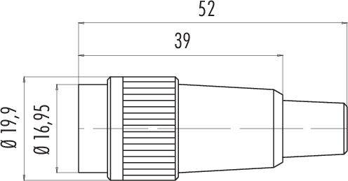 Technický výkres hadicového pripojenia so žliabkovanou oblasťou, celková dĺžka 52 mm, priemer 19,9 mm a 16,95 mm.