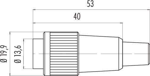 Technický výkres konektora. Rozmery: celková dĺžka 53 mm, telo 40 mm, priemer 19,9 mm a 13,6 mm.