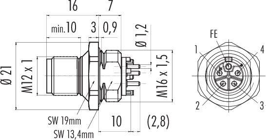 Technický výkres konektora s rozmermi: priemer Ø21, M12x1,5, minimálna dĺžka 10 mm, šírka kľúča 19 mm.
