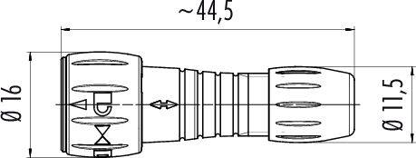 Technický výkres pripojovacej súčasti s rozmermi: dĺžka približne 44,5 mm, priemer 16 mm a 11,5 mm.