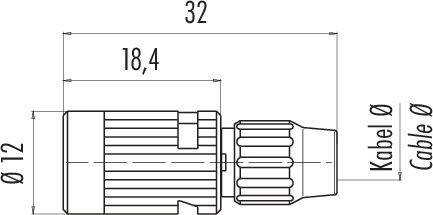 Technický výkres káblového konektora s rozmermi: celková dĺžka 32 mm, priemer 12 mm, priemer kábla 18,4 mm.