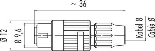 Technický výkres zástrčky s rozmermi: dĺžka cca 36 mm, priemer 12 mm a priemer kábla 9,6 mm.