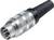 Viacpólový kovový konektor so čiernou rukoväťou a strieborným vrúbkovaným krytom v detailnom zábere.