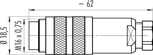 Technický výkres valcového konektora s rozmermi: dĺžka cca 62 mm, priemer 18,5 mm, závit M16 x 0,75.