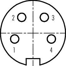 Diagram 4-kolíkového konektora s kruhmi vyznačujúcimi pozície kolíkov 1 až 4 v štvorcovom usporiadaní.