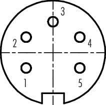 Diagram konektora s piatimi očíslovanými kolíkmi: 1, 2, 3, 4, 5. Centrálne umiestnený kolík v hornej časti, zvyšné kolíky usporiadané v kruhu. Línia rozdeľuje diagram na štyri časti.
