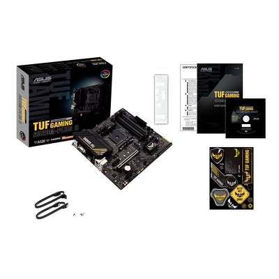 Základná doska ASUS TUF Gaming A520M-Plus II s príslušenstvom: manuál, I/O kryt, samolepky, CD, SATA káble a skrutky.