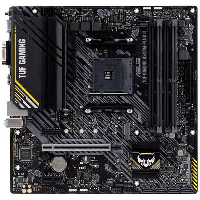 Čierna základná doska ASUS TUF Gaming s viacerými slotmi a konektormi pre počítačové komponenty, označená žltými detailmi.