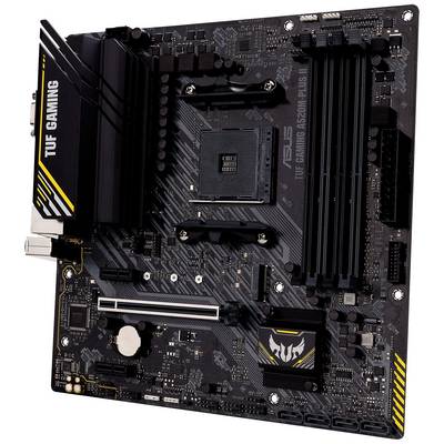 Základná doska ASUS TUF Gaming A520M-Plus. Viditeľné sú PCIe sloty, zásuvky RAM a konektory, ktoré charakterizujú túto dosku.