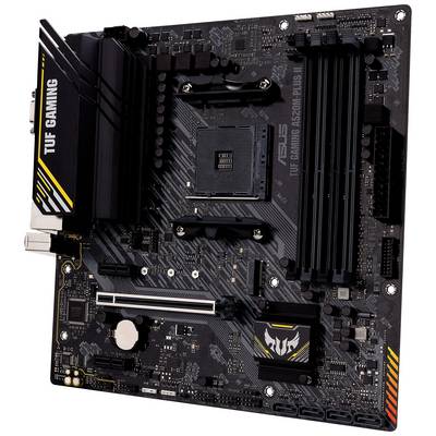 Základná doska Asus TUF Gaming, model B450M-Plus II. Čierna doska s PCIe slotmi a pamäťovými slotmi RAM pre herné počítače.
