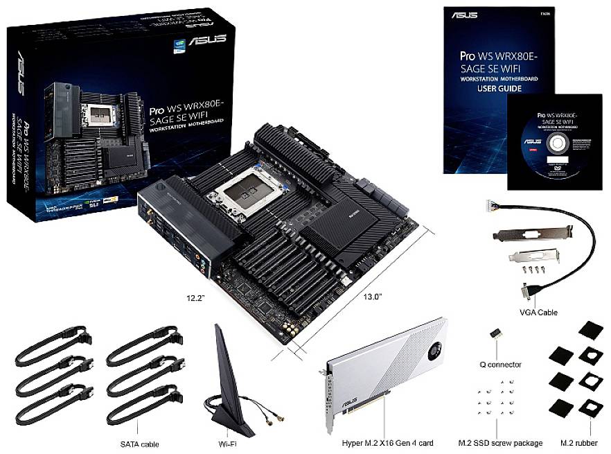 Obrázok zobrazuje základnú dosku ASUS Pro WS W790E-SAGE SE WIFI vrátane príslušenstva, ako sú káble, anténa a používateľská príručka.