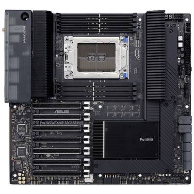 Obrázok zobrazuje model základnej dosky ASUS 'Pro WS WRX80E-SAGE SE WIFI' s viacerými PCIe slotmi, socketom pre procesor a chladičmi.
