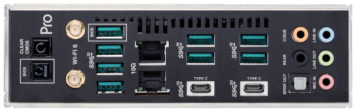 'Zadná strana počítačovej základnej dosky s viacerými USB portami, ethernetovými konektormi, audio vstupmi a anténnymi konektormi pre Wi-Fi 6.'