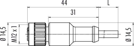 Technický nákres zástrčky, zobrazuje rozmery: dĺžka 44 mm, priemer 14,5 mm, závit M12 x 1.