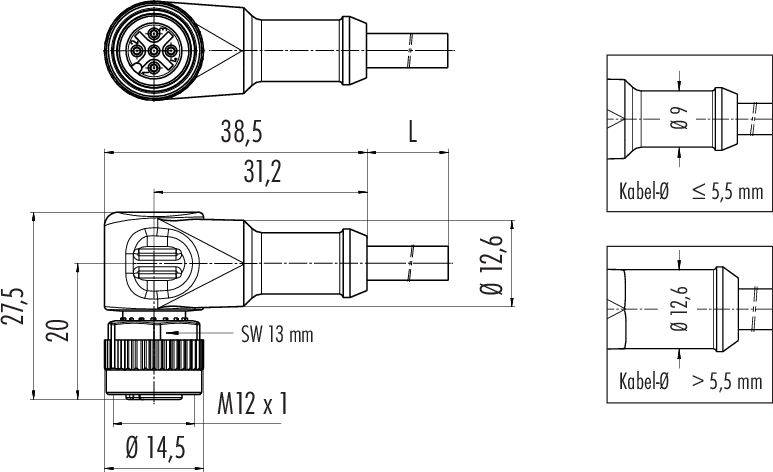 Technický výkres zástrčky s rozmermi: dĺžka 38,5 mm až 31,2 mm, priemer 14,5 mm. Priemer kábla 5,5 mm.