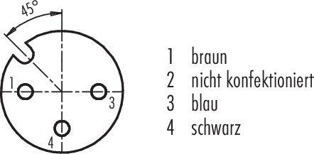 Diagram konektora so 4 prípojkami, uhol 45 stupňov. Popis: 1 hnedá, 2 nekonfekcionovaná, 3 modrá, 4 čierna.
