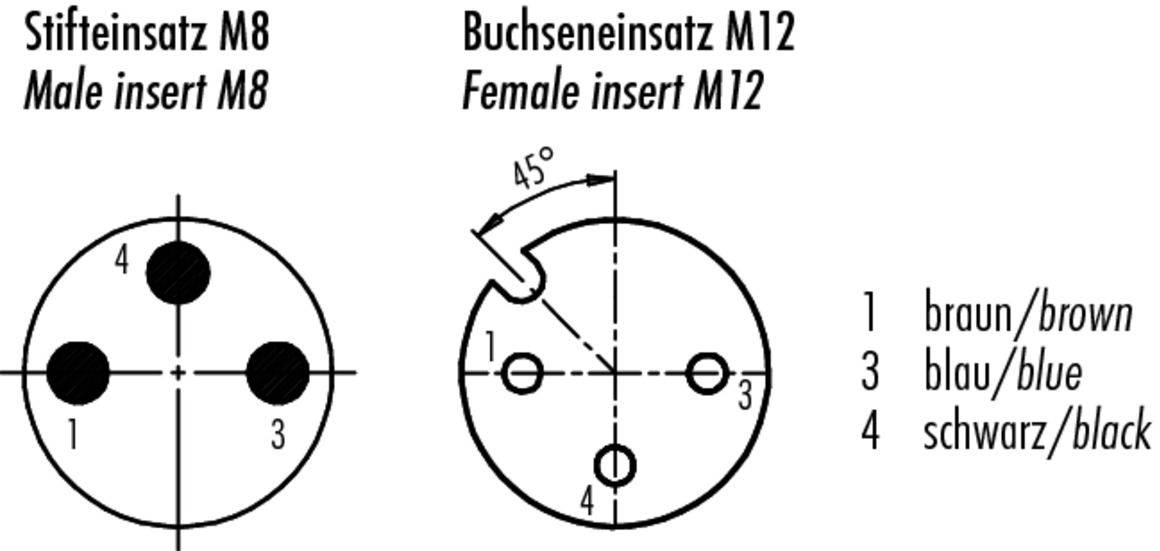 Diagram zástrčky M8 a puzdra M12 s farebne kódovanými prípojkami: 1 hnedá, 3 modrá, 4 čierna.