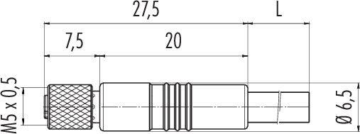 Technický výkres valcovitej súčiastky s rozmermi: dĺžka 27,5 mm, priemer 6,5 mm, závit M5 x 0,5.