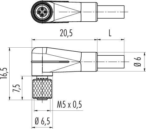 Technický výkres zástrčky s rozmermi: celková dĺžka 20,5 mm, priemer 6 mm, závit M5 x 0,5, výška 16,5 mm.