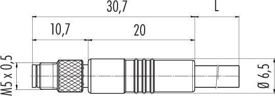 Technický výkres konektora. Celková dĺžka 30,7 mm, priemer 6,5 mm. Závit M5 x 0,5. Označenie súčiastky 10,7 mm a 20 mm.