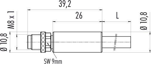 Technický výkres valcovitej súčiastky s rozmermi: priemer 10,8 mm, závit M8 x 1, šírka kľúča 9 mm, dĺžka 26 mm.