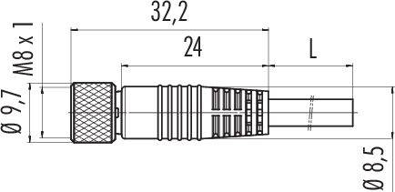 Technický výkres konektora, bočný pohľad. Rozmery: dĺžka 32,2 mm, priemer 9,7 mm a 8,5 mm, závit M8x1.