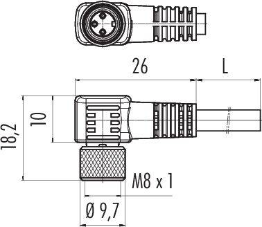 Technický výkres M8 x 1 konektora s rozmermi: dĺžka 26 mm, šírka 18,2 mm, výška 10 mm, priemer kábla 9,7 mm.