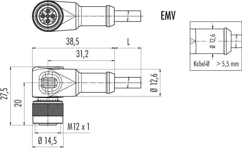 Technický výkres zástrčky s rozmermi; hlavný pohľad znázorňuje zástrčku, dĺžka 38,5 mm, priemer 14,5 mm, závit M12 x 1.
