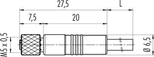 Technický výkres valcovitej súčiastky. Rozmery: celková dĺžka 27,5 mm, priemer 6,5 mm, závit M5 x 0,5, vyznačené segmentové dĺžky.