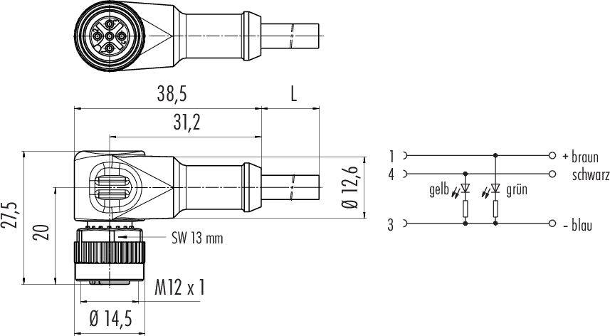 Technický výkres M12 konektora s uhlovým dizajnom. Rozmery a detaily pripojení a farieb sú zobrazené.