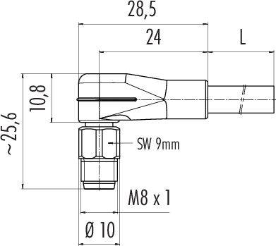 Technický výkres skrutkovej spojovacej súčiastky s rozmermi: dĺžka 28,5 mm, priemer 10 mm, kľúč 9 mm, závit M8 x 1.